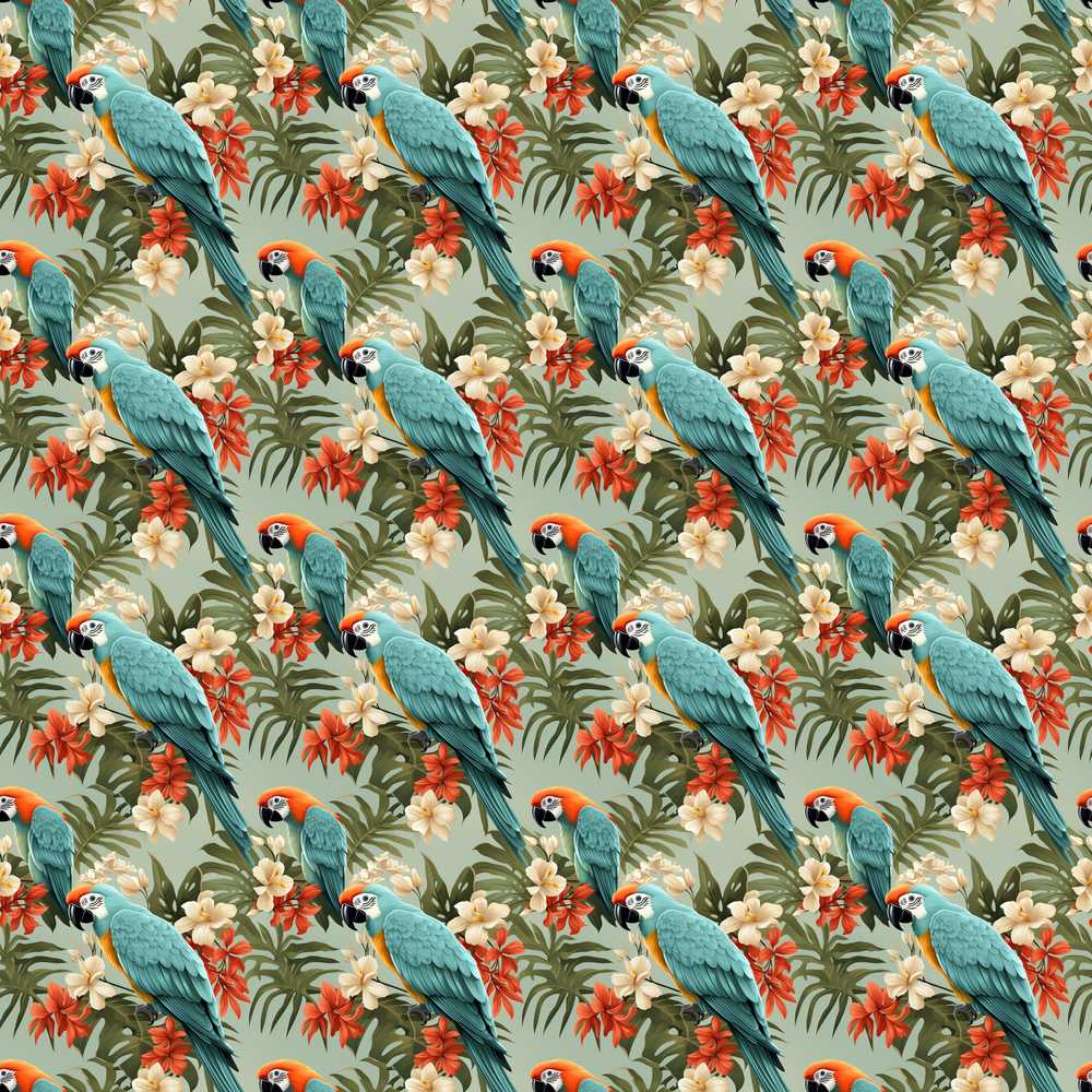 Tropical Blue Macaw Parrot Floral Jungle Exotic Bird Wildflower