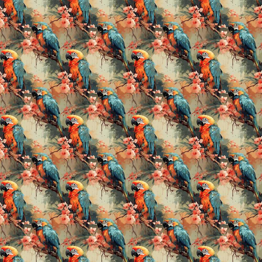 Exotic Parrot Birds with Blossom Branch Artistic Jungle Wildflower