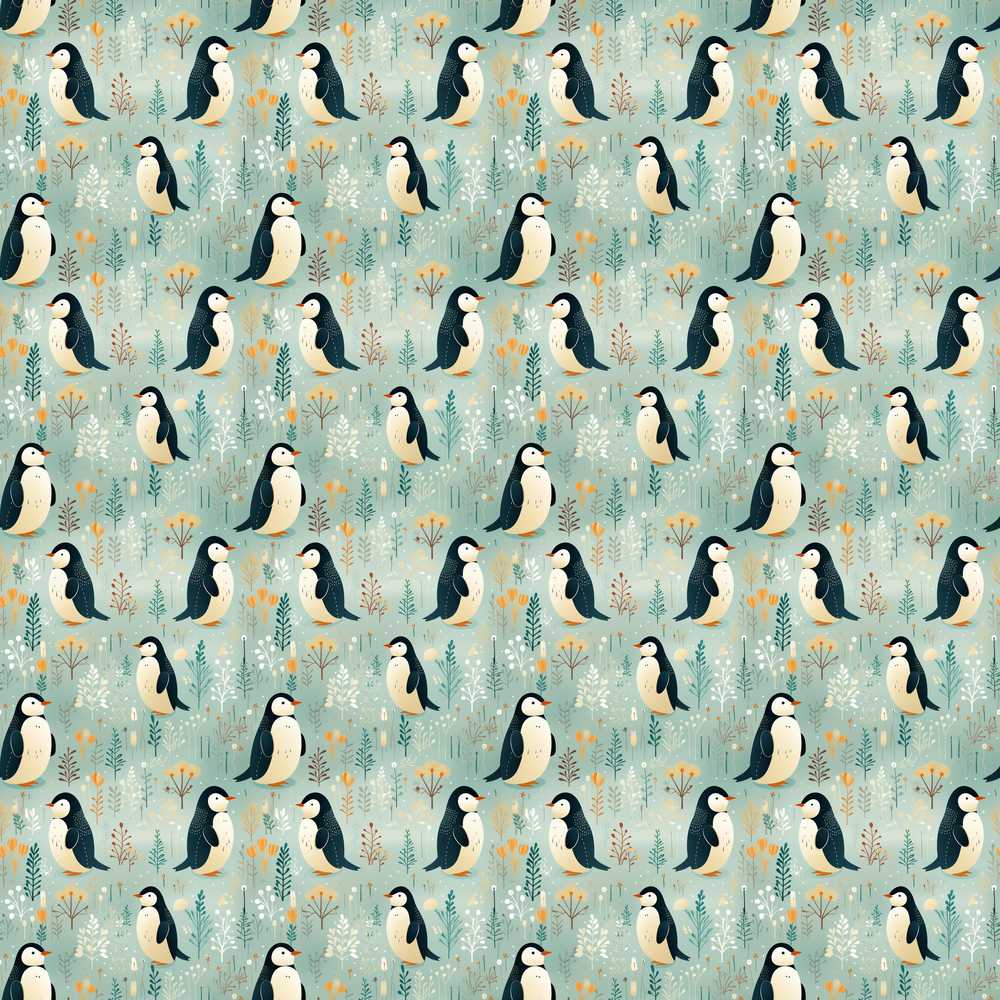 Cute Penguin Birds Minimal Floral Soft Pastel Wildflower Pattern