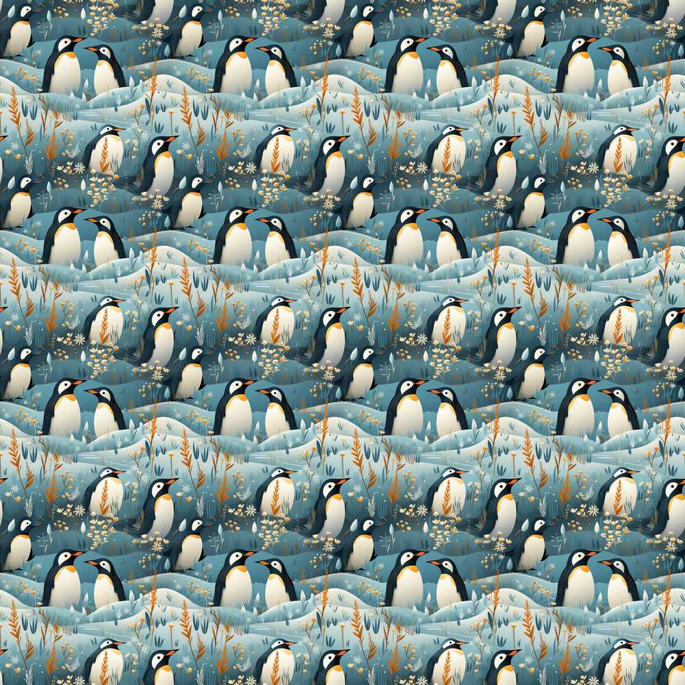 Adorable Penguin Birds Floral Meadow Soft Blue Wildflower Pattern