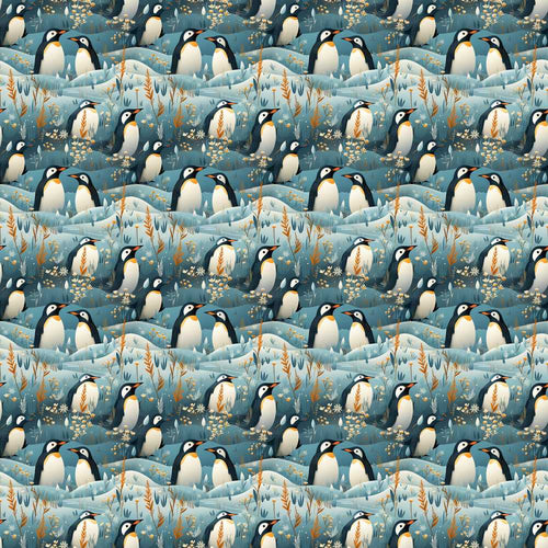 Adorable Penguin Birds Floral Meadow Soft Blue Wildflower Pattern