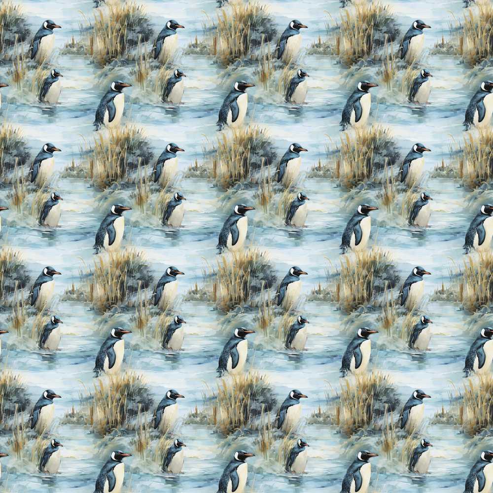 Penguin Birds by Water Grassland Artistic Nature Decorative