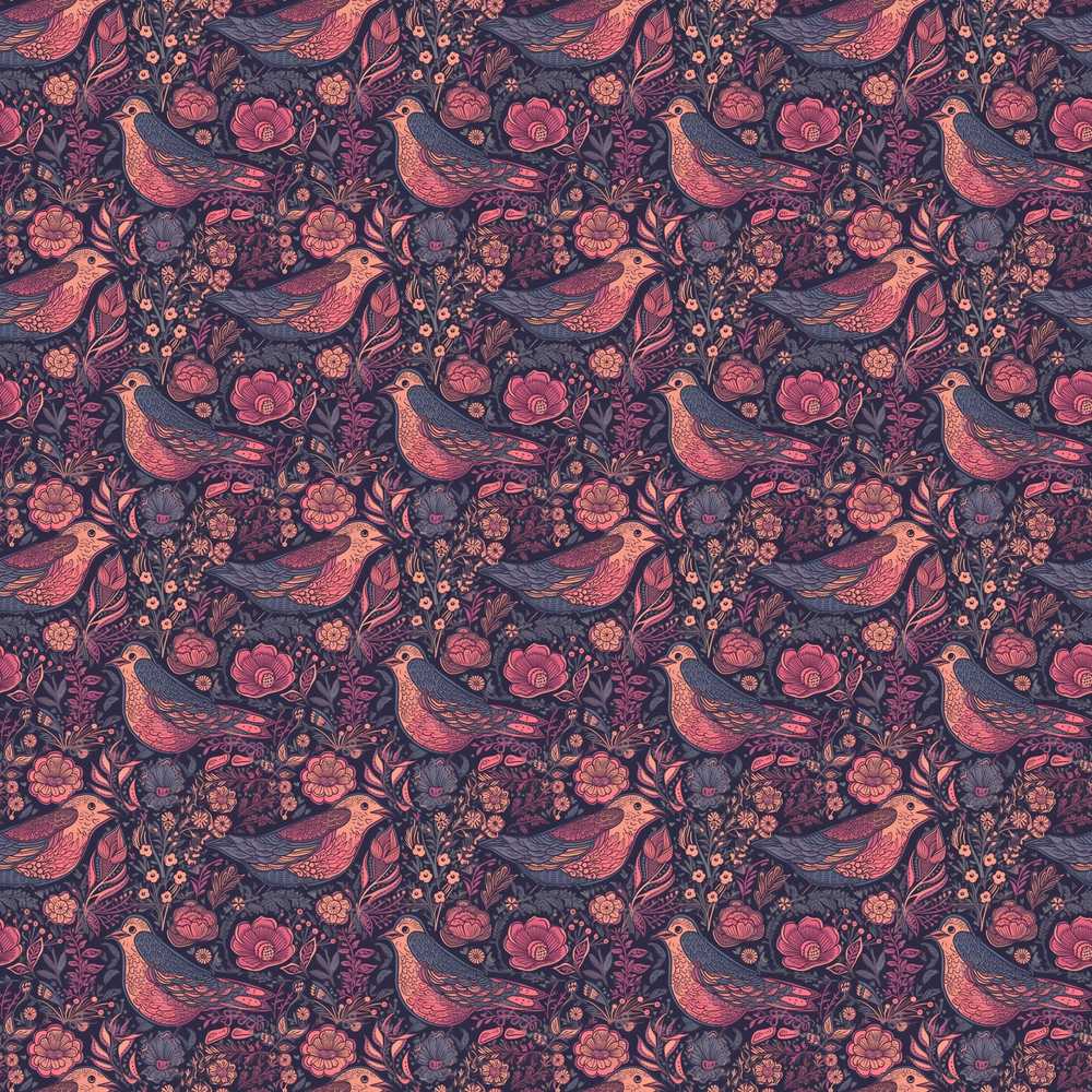 Vintage Floral Birds Dark Botanical Garden Wildflower Pattern