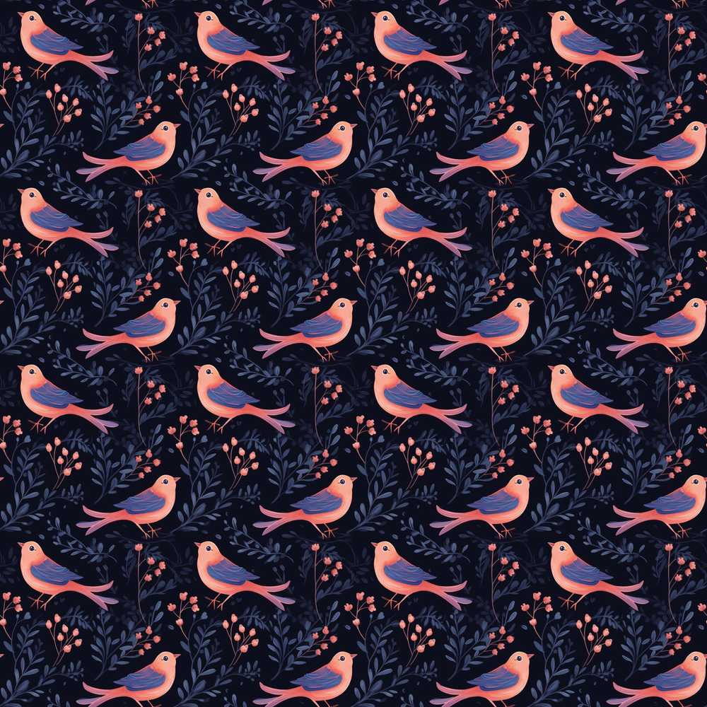 Cute Pink Blue Birds with Leaves Night Garden Wildflower