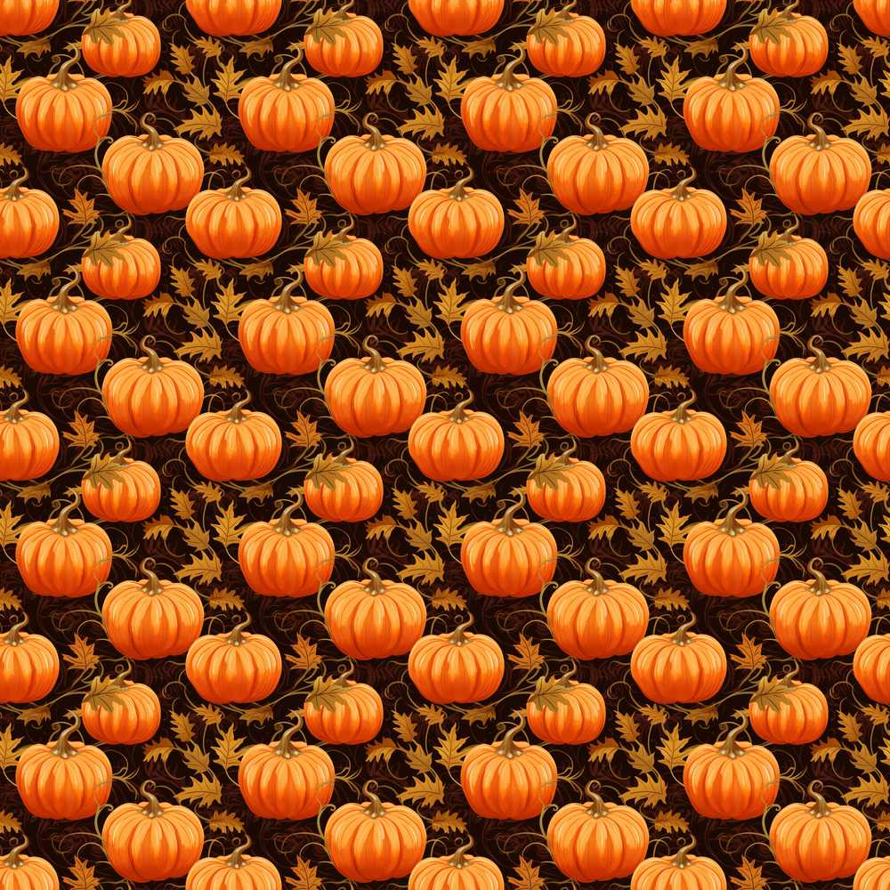Autumn Pumpkins and Falling Leaves Dark Background Wildflower Pattern