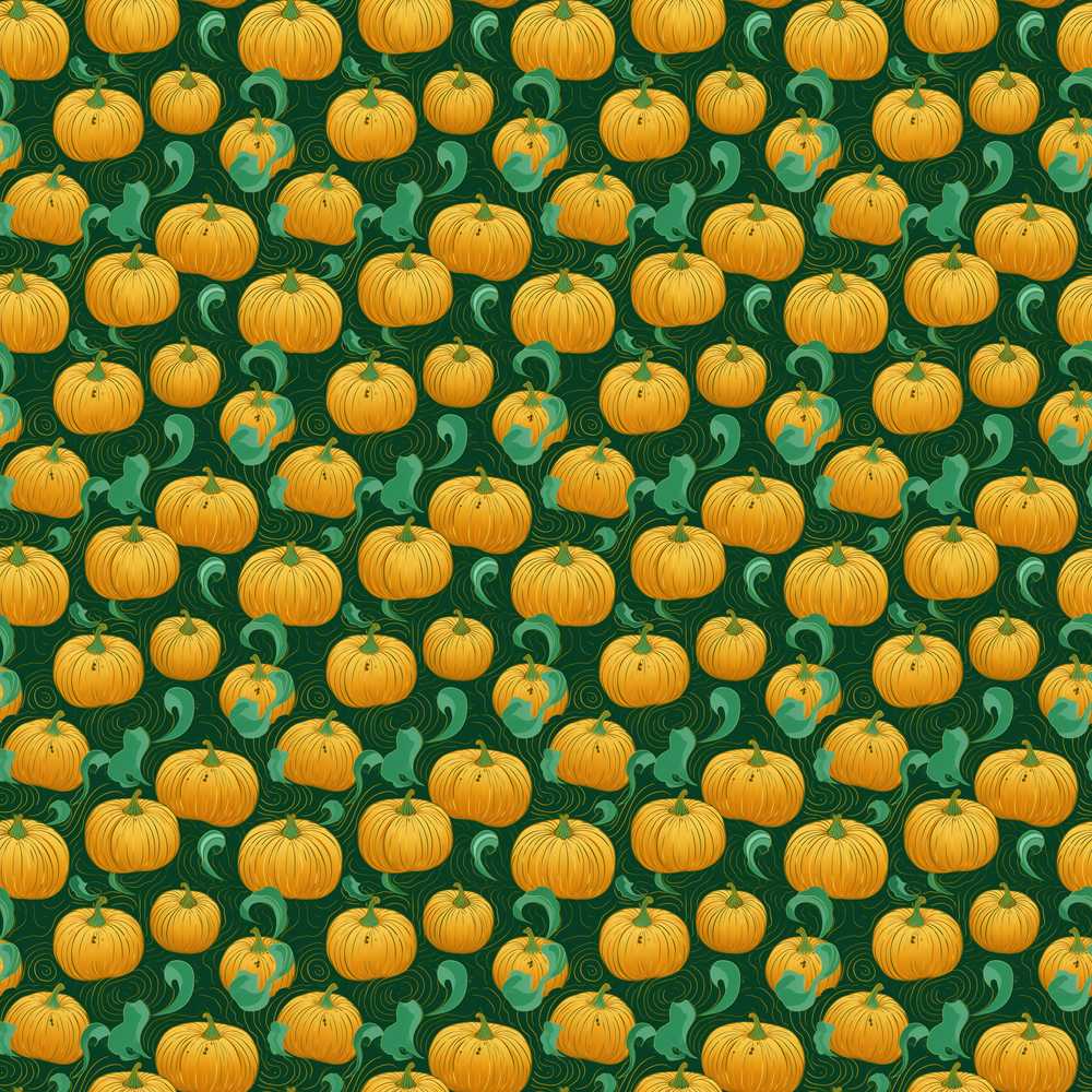 Golden Pumpkin Harvest with Swirling Vines Green Background