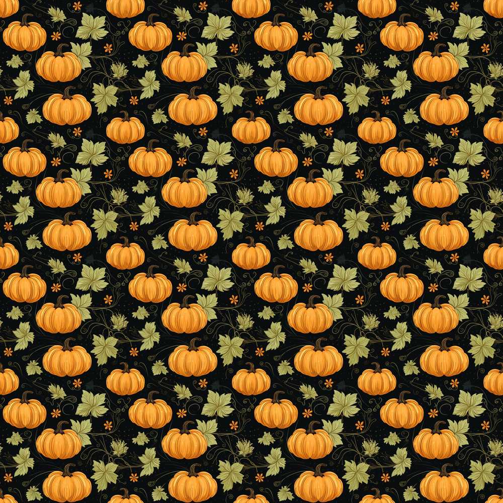 Autumn Pumpkins and Leaves on Dark Background Wildflower Pattern