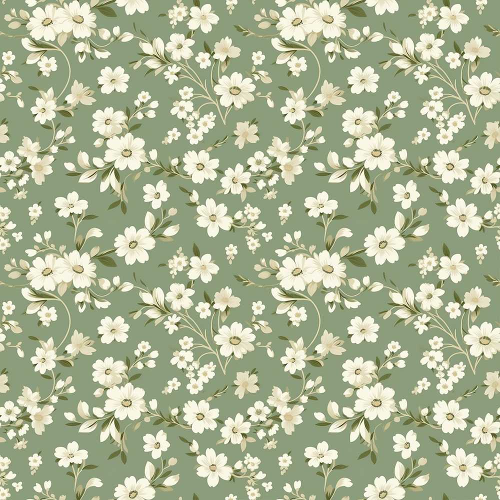 Elegant White Floral Blossoms on Sage Green Vintage Style