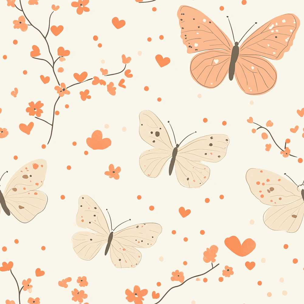 Delicate Butterfly Floral Hearts Soft Beige Background Wildflower Pattern