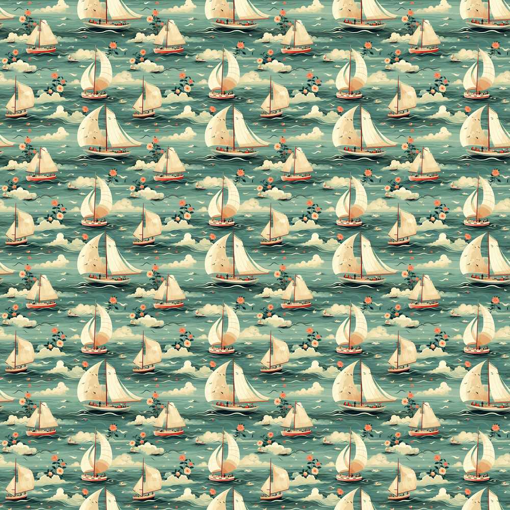Charming Sailboats Floral Sea Whimsical Coastal Wildflower Pattern Botanical