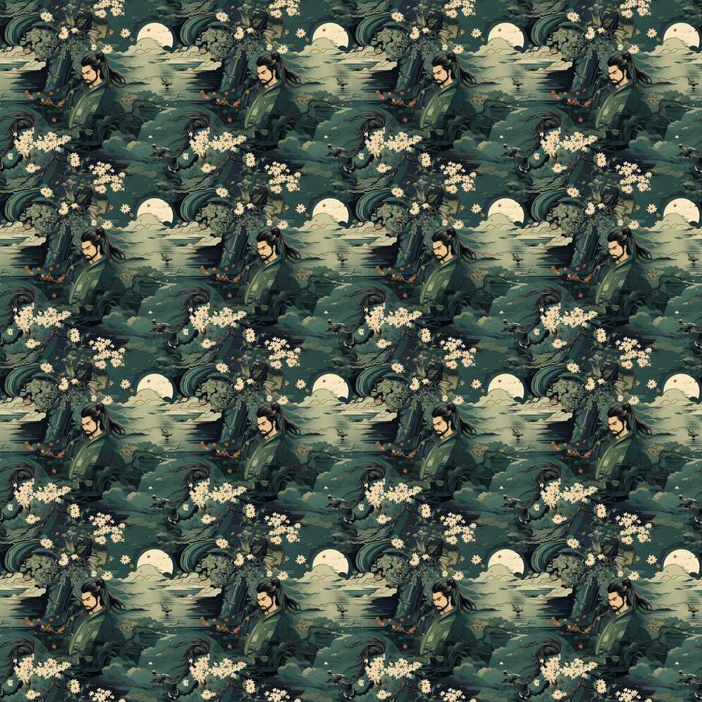 Mystical Japanese Warrior Moonlight Floral Fantasy Art Wildflower Pattern