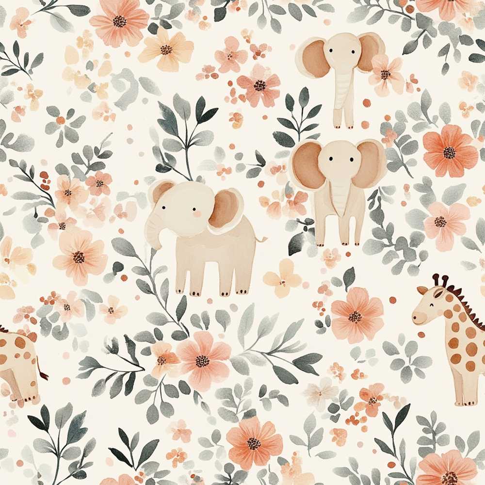 Cute Baby Elephants Floral Leaves Nursery Style Wildflower Pattern