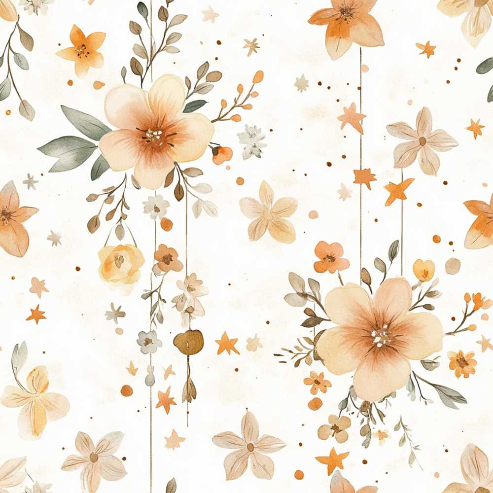 Watercolor Floral Stars Hanging Blooms Soft Beige Wildflower Pattern