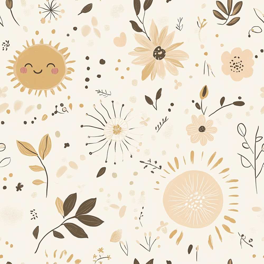 Boho Sun Flowers Abstract Leaves Neutral Tones Wildflower Pattern