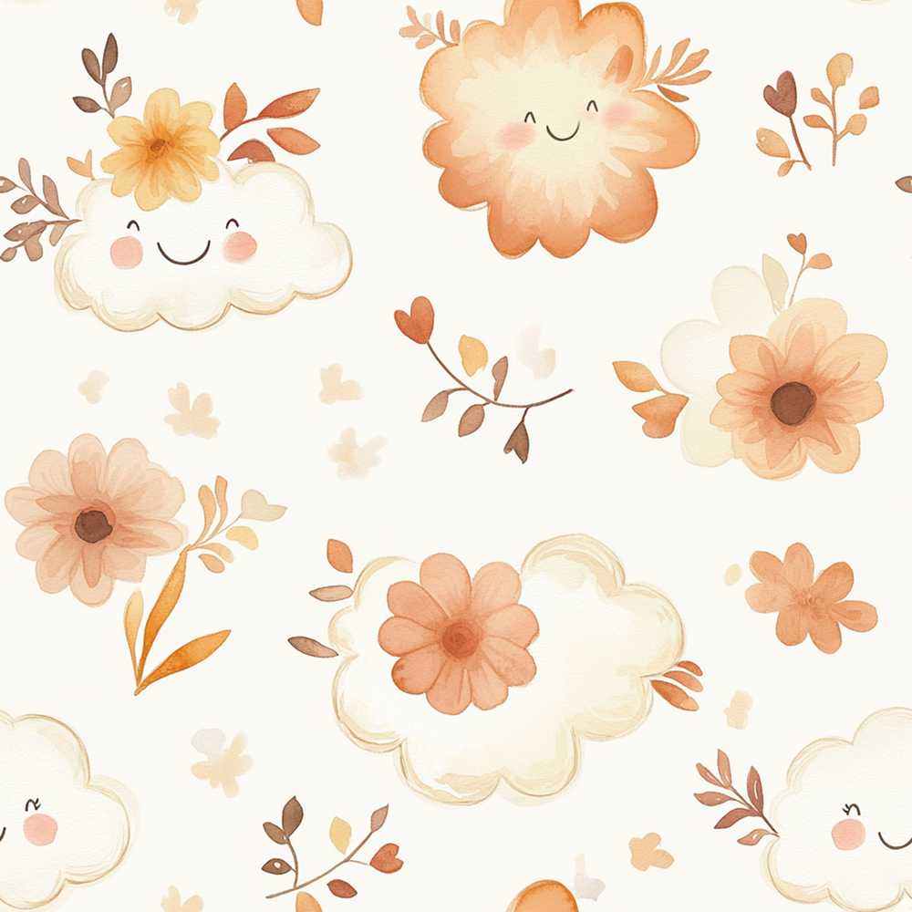 Cute Smiling Clouds Flowers Pastel Kids Nursery Wildflower Pattern