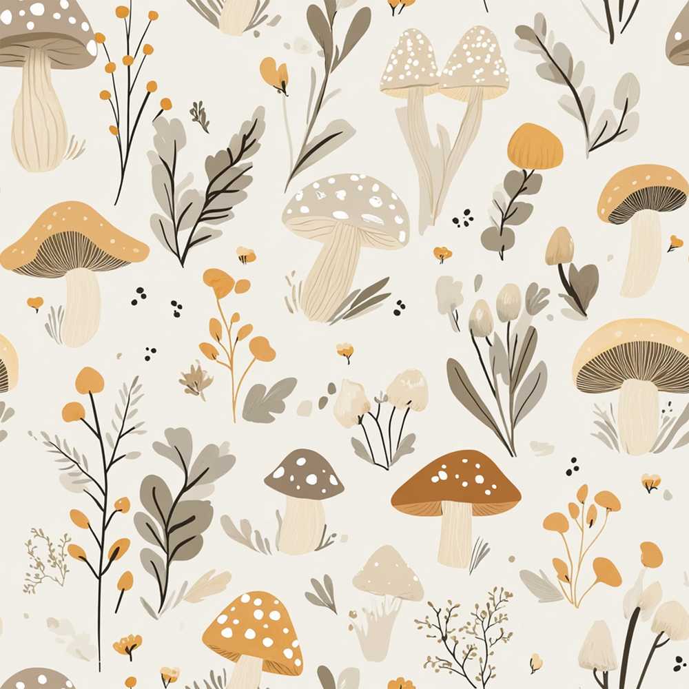 Neutral Mushroom Botanical Woodland Soft Earth Tones Wildflower Pattern