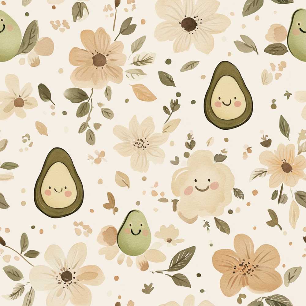 Cute Avocado Floral Smiling Fruit Soft Beige Wildflower Pattern