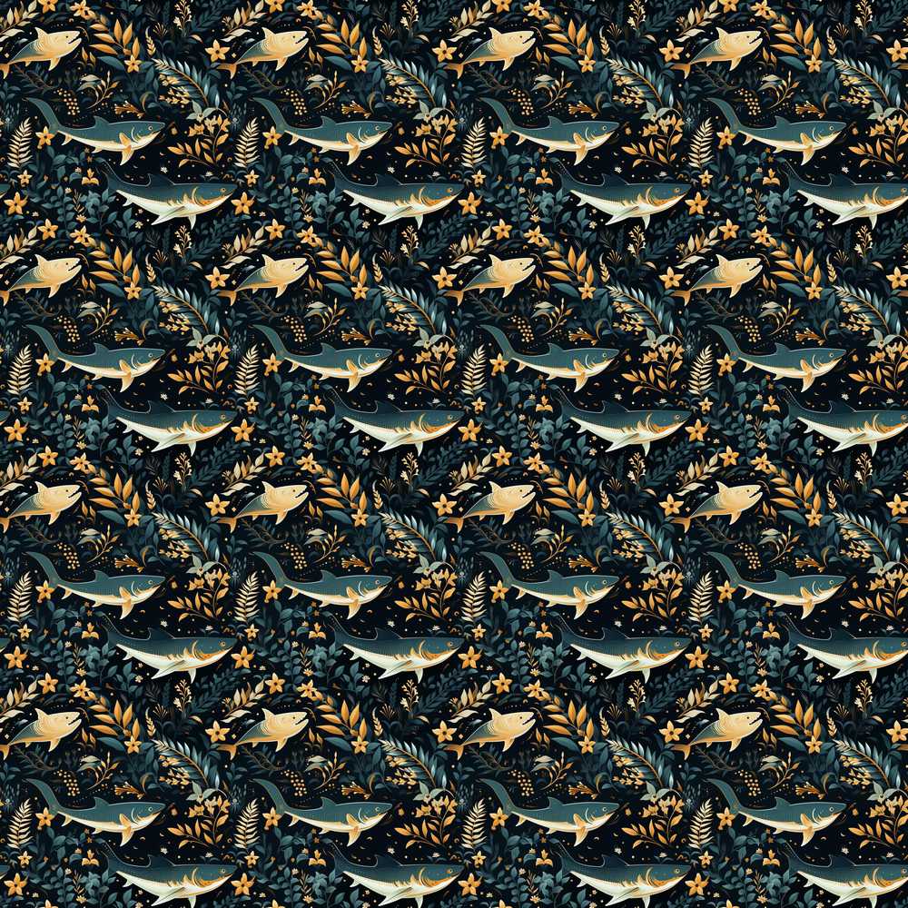 Elegant Navy Fish Floral Ocean Dark Botanical Wildflower Pattern