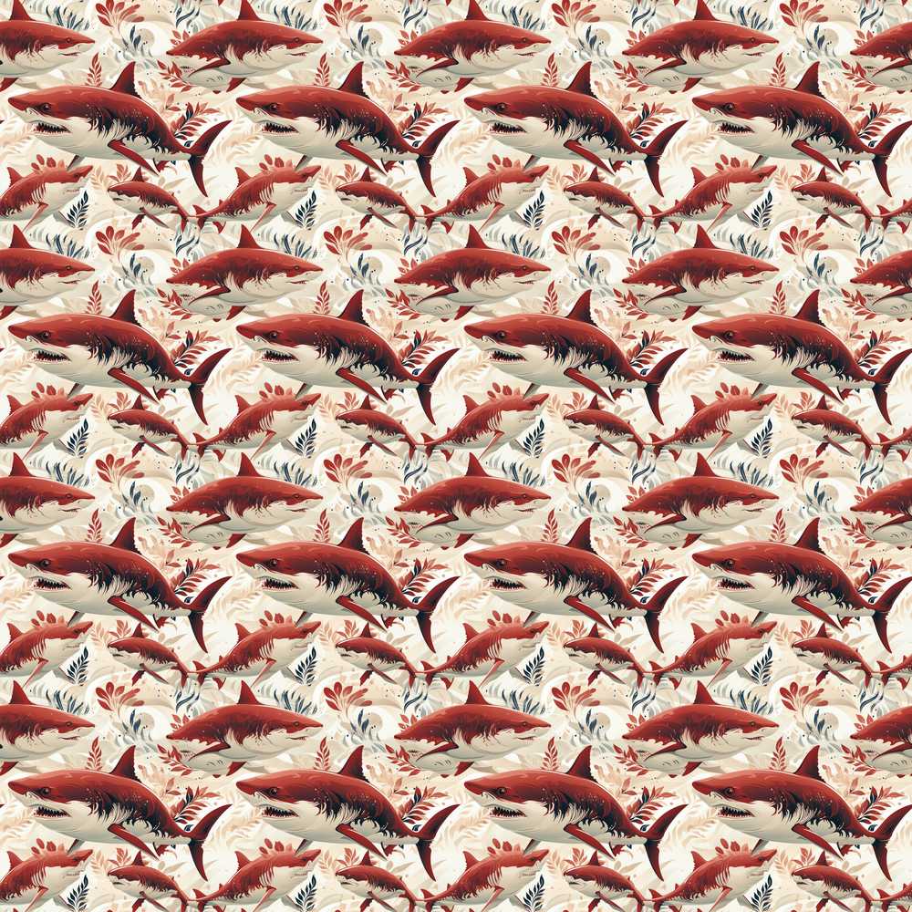 Bold Red Sharks Ocean Floral Cream Background Wildflower Pattern