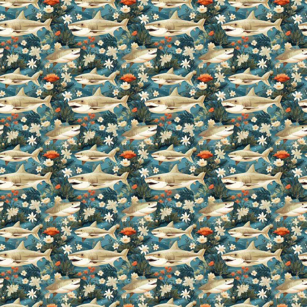 Vintage Shark Floral Ocean Garden Teal Background Wildflower Pattern