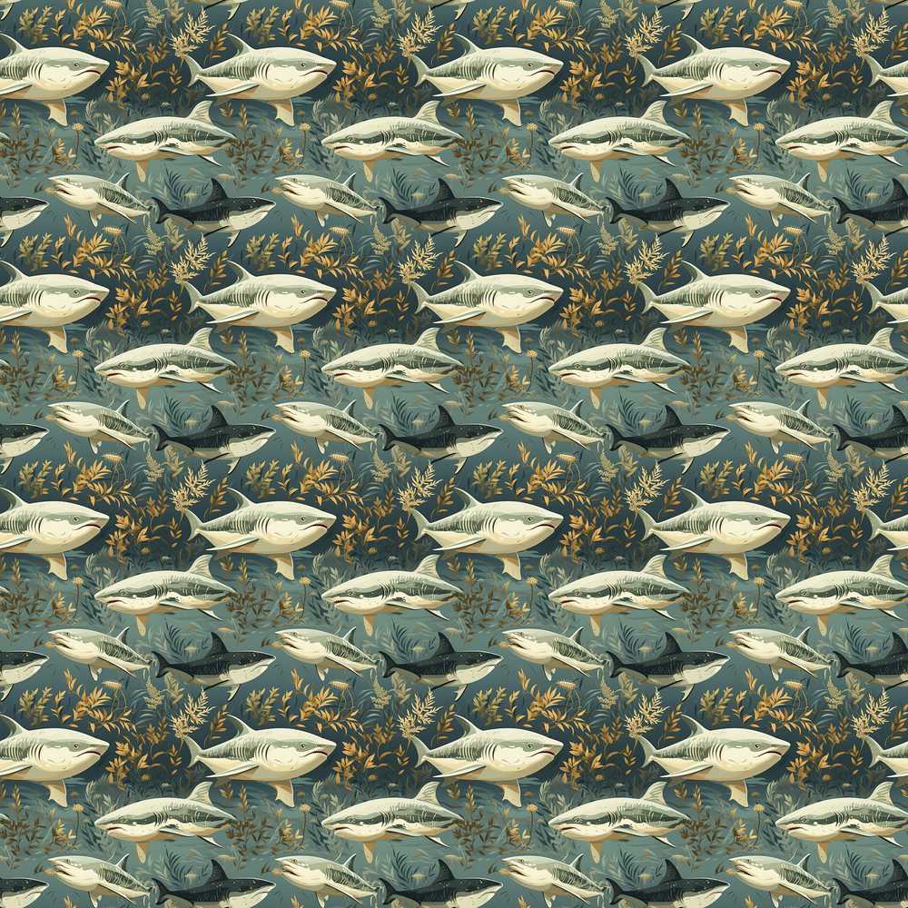 Classic Shark Seaweed Ocean Deep Green Background Coastal