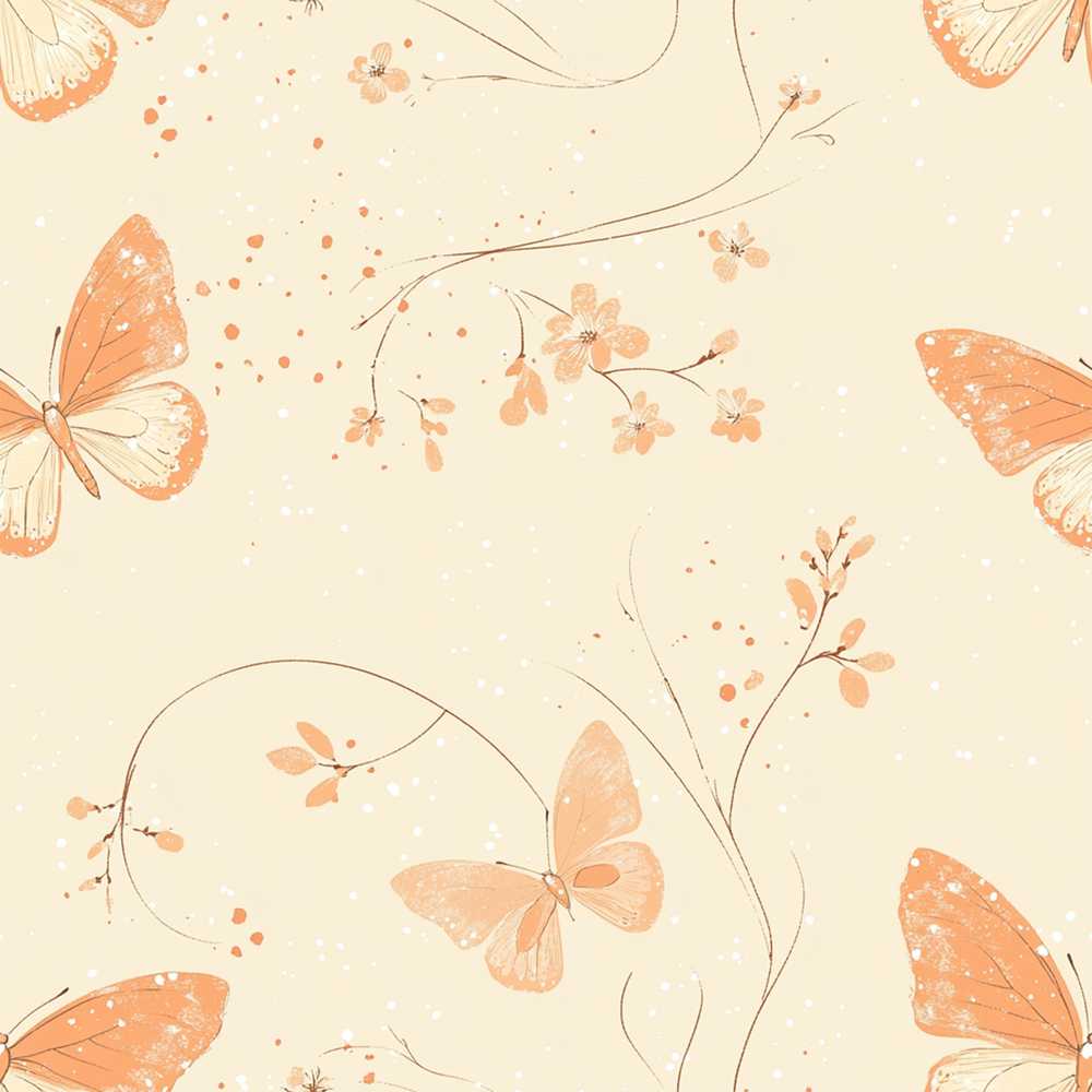 Peach Butterflies Floral Branches Soft Beige Background Wildflower Pattern