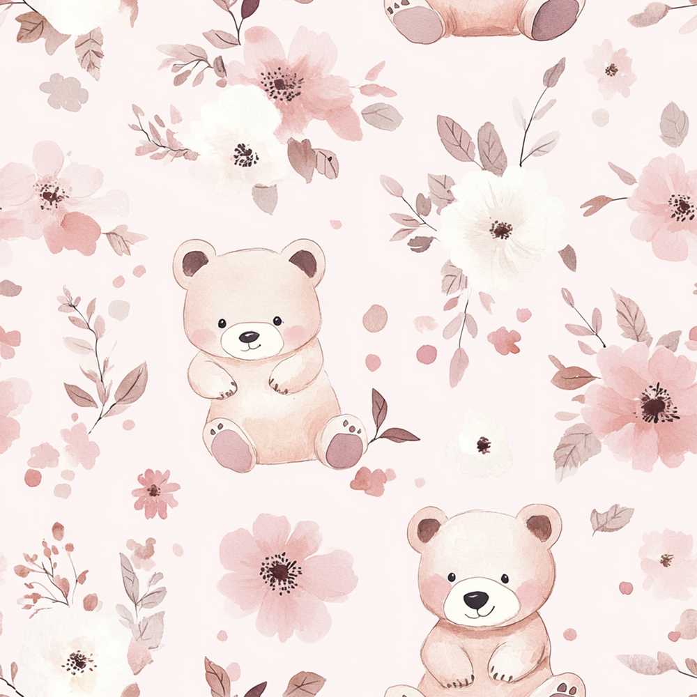 Cute Teddy Bear Pink Floral Baby Nursery Wildflower Pattern