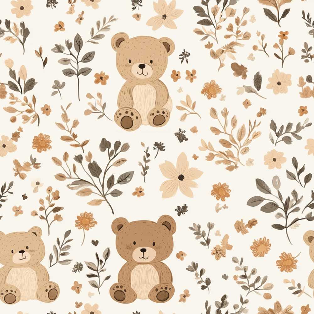 Cute Teddy Bear Floral Leaves Soft Neutral Background Wildflower