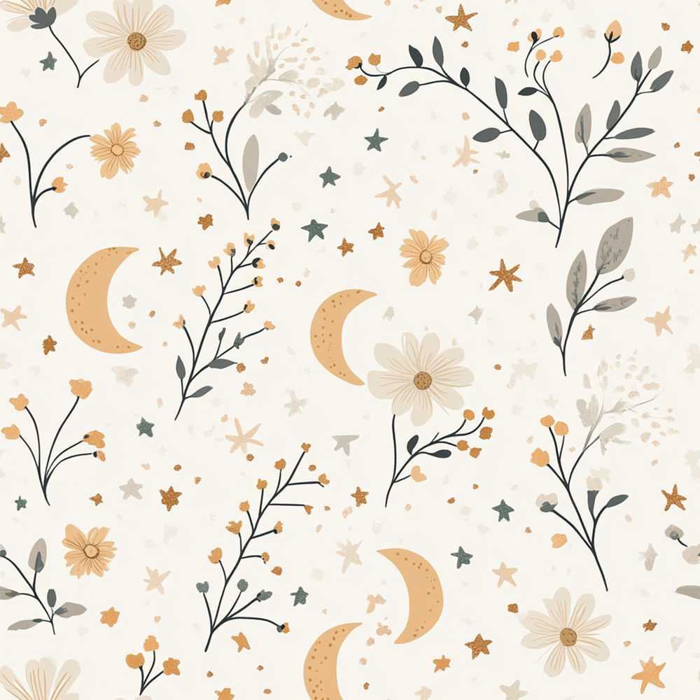 Moon Stars Floral Botanical Neutral Background Dreamy Theme Wildflower