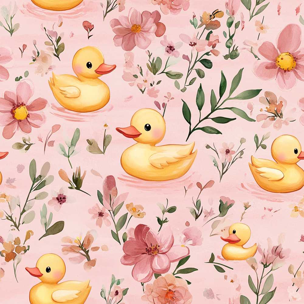 Cute Yellow Duck Floral Soft Pink Background Nursery Wildflower