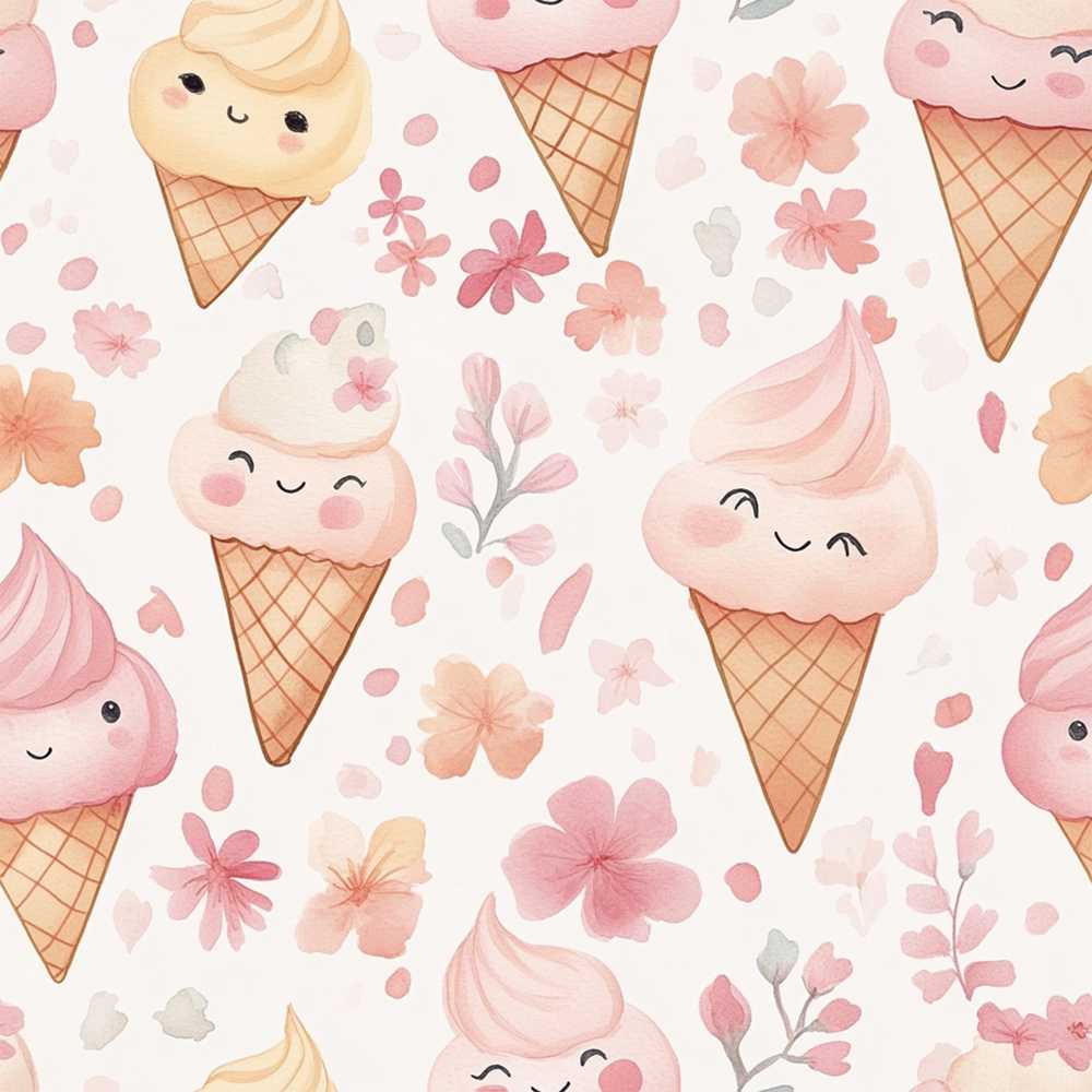 Kawaii Ice Cream Cones Floral Soft Pink Background Sweet Theme