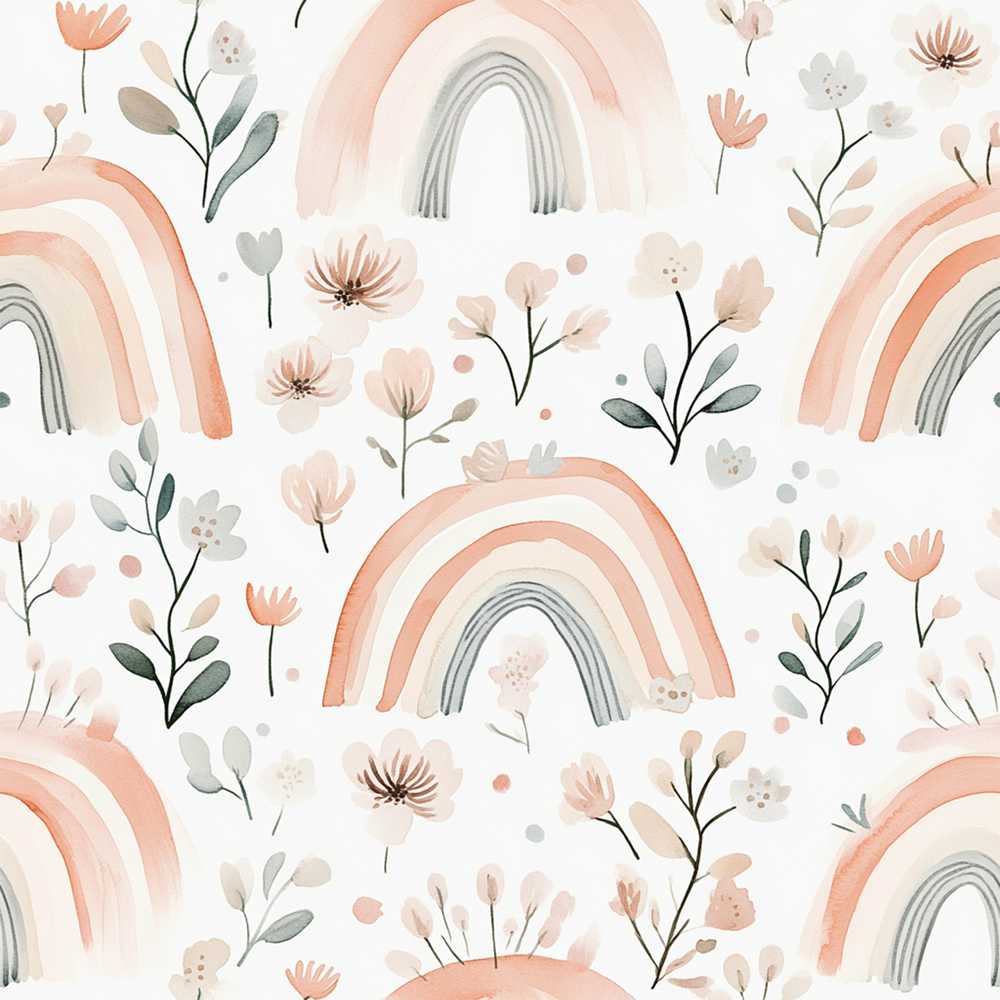 Boho Rainbow Flowers Soft Neutral Pastel Background Wildflower Pattern