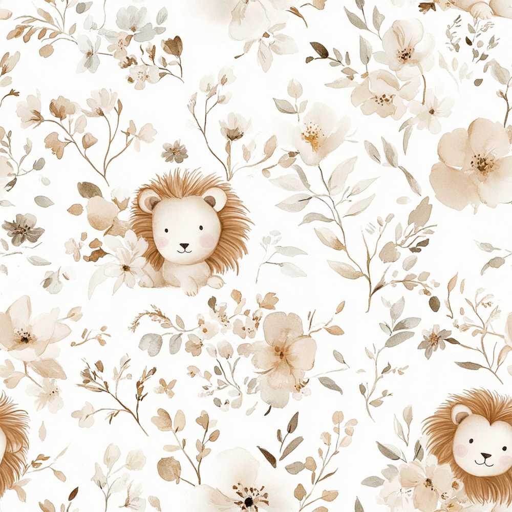 Cute Lion Floral Leaves Soft Beige Background Nursery Theme
