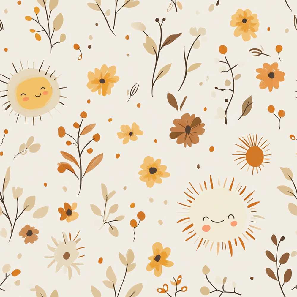 Cute Smiling Sun Floral Leaves Warm Neutral Background Wildflower