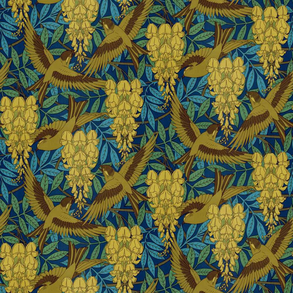 Golden Birds and Wisteria Floral Art Nouveau Nature Wildflower