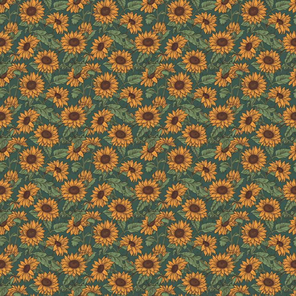 Dark Green Sunflower Floral Rich Botanical Garden Wildflower Pattern