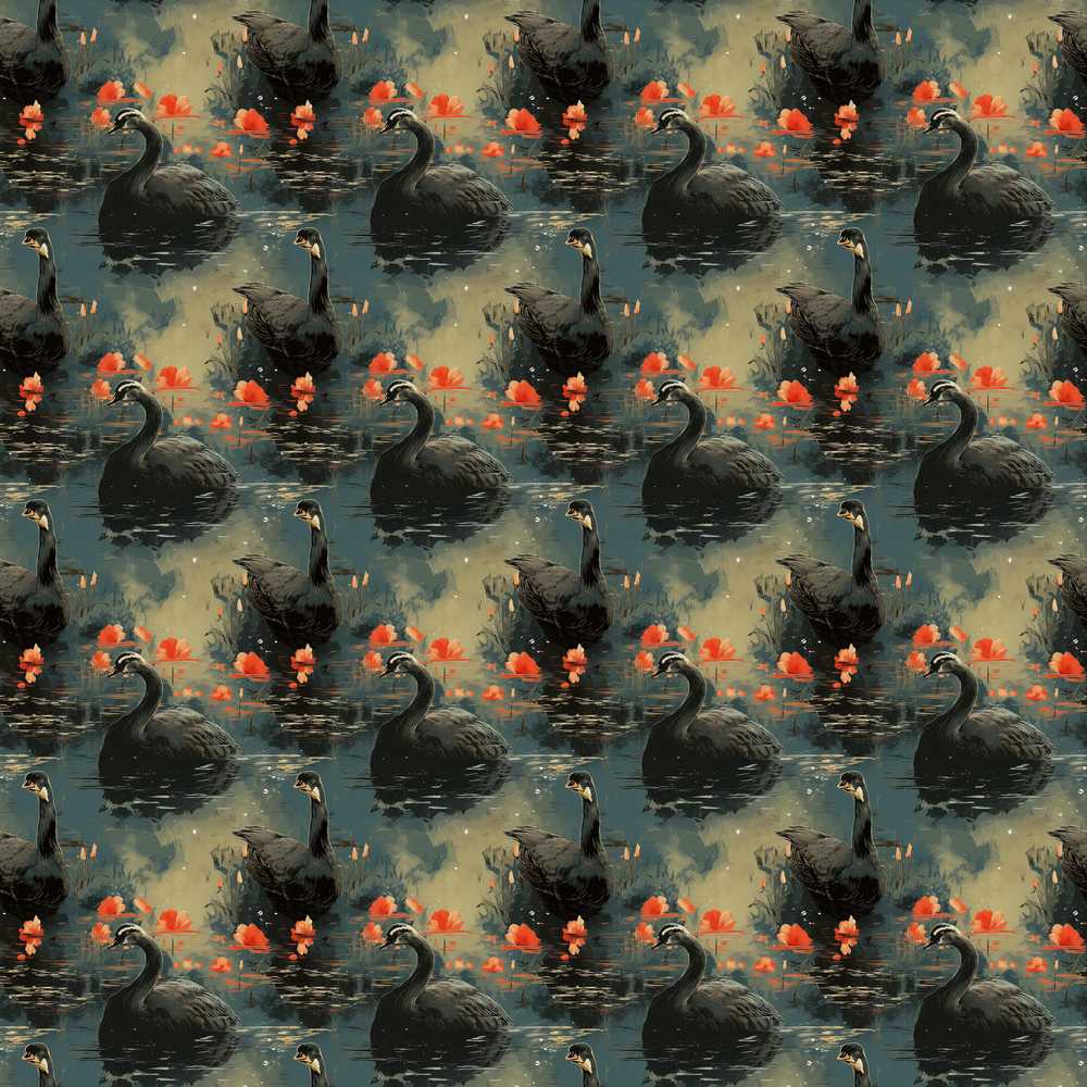 Black Swan Floral Water Reflection Moody Nature Wildflower Pattern