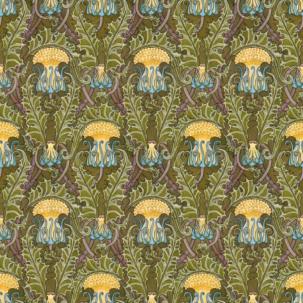 Vintage Art Nouveau Floral Thistle Pattern in Green Wildflower