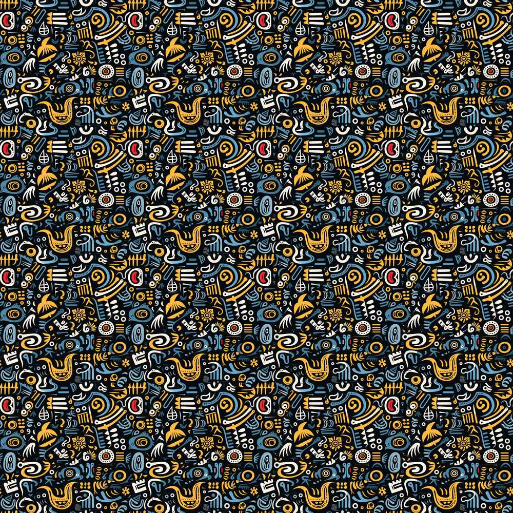 Dark Abstract Doodle Icons Pattern with Yellow Blue