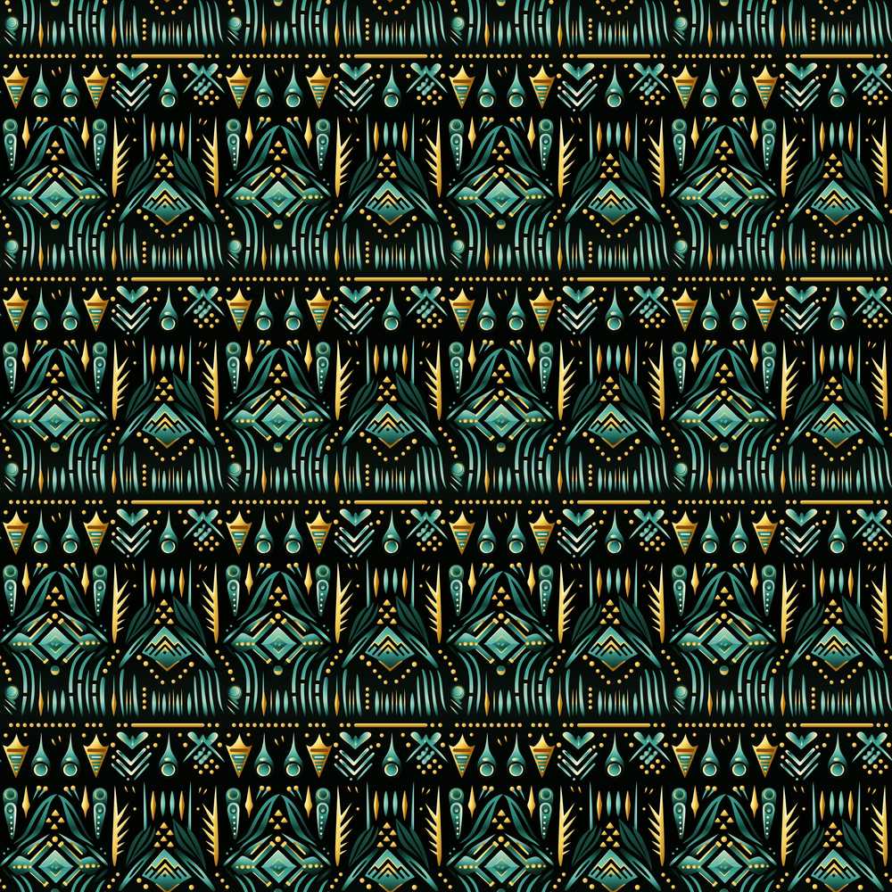 Dark Tribal Geometric Ethnic Pattern in Gold Teal