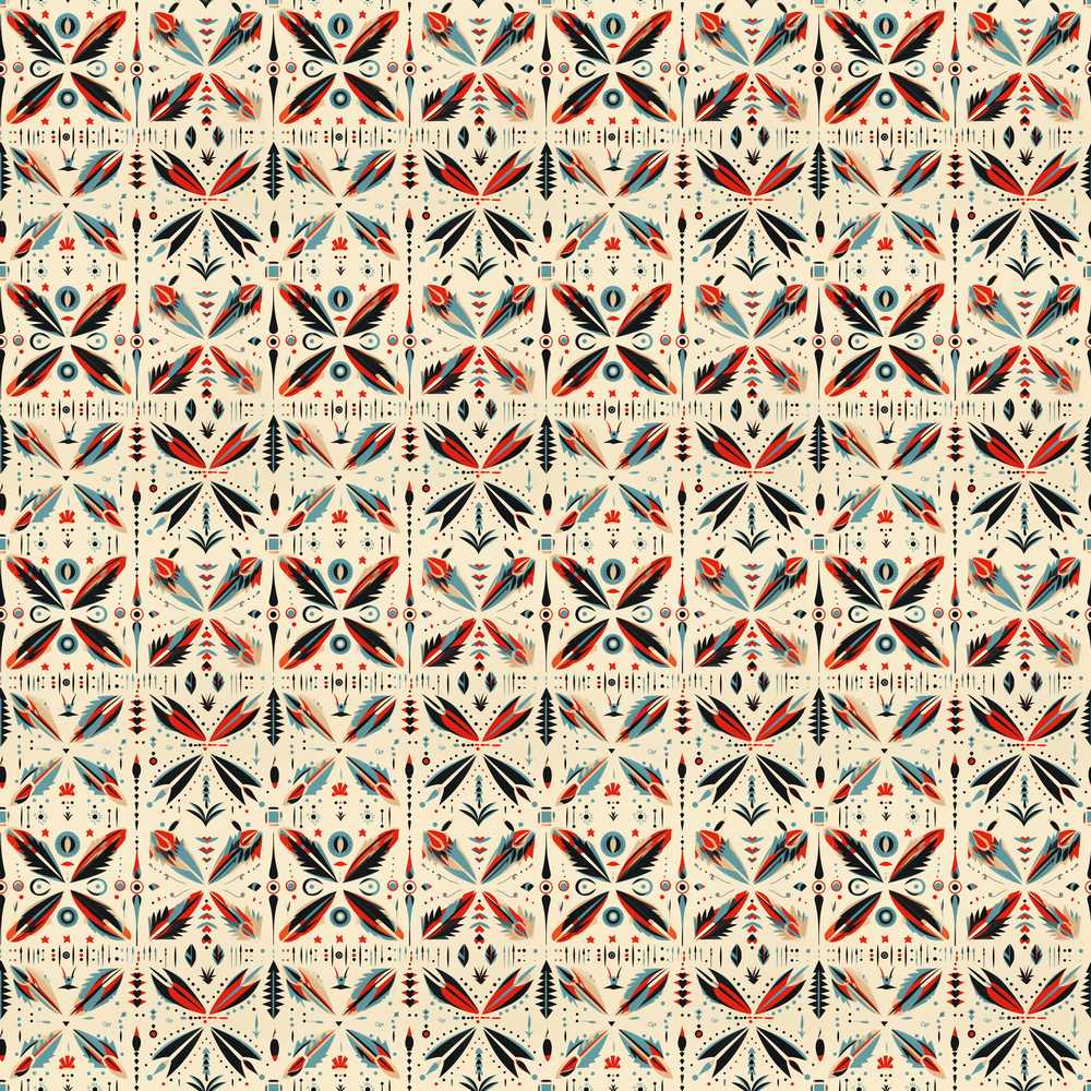 Abstract Retro Geometric Floral Pattern in Red Blue Wildflower