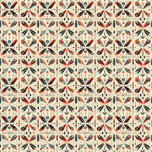 Abstract Retro Geometric Floral Pattern in Red Blue Wildflower