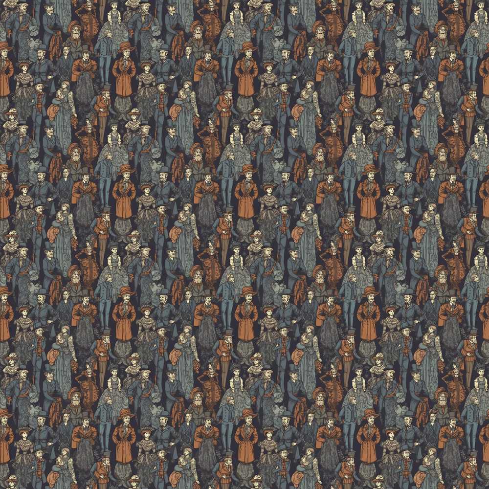 Vintage Crowd Illustration People Pattern in Warm Tones