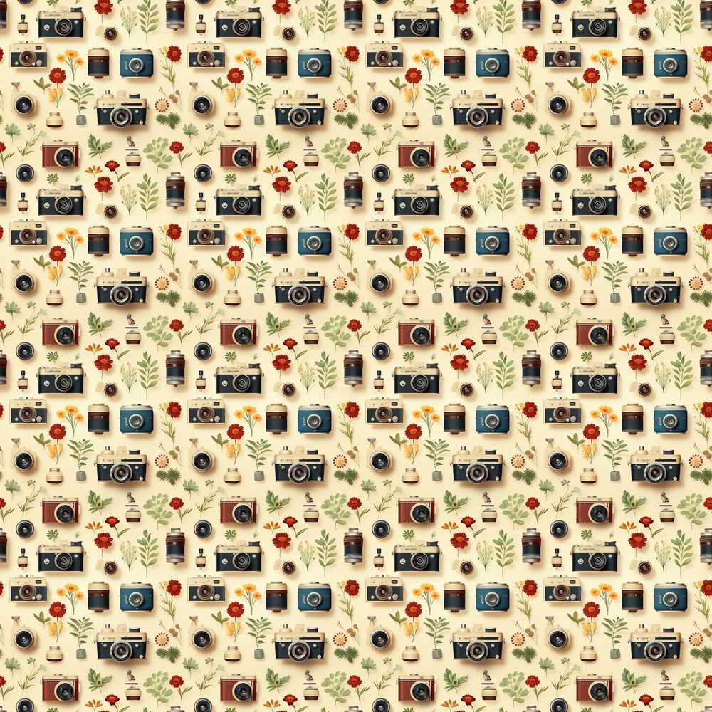 Vintage Cameras and Floral Elements Pattern Wildflower Botanical