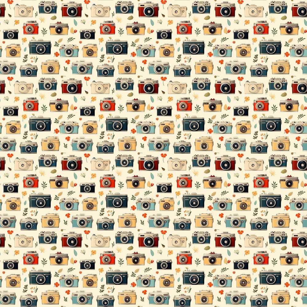 Vintage Retro Camera Pattern with Floral Elements Wildflower Botanical