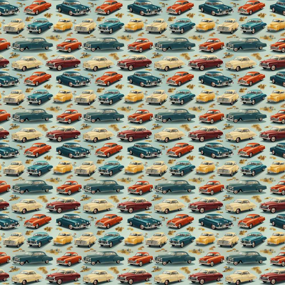Colorful Retro Cars Autumn Leaves Pattern Wildflower Botanical