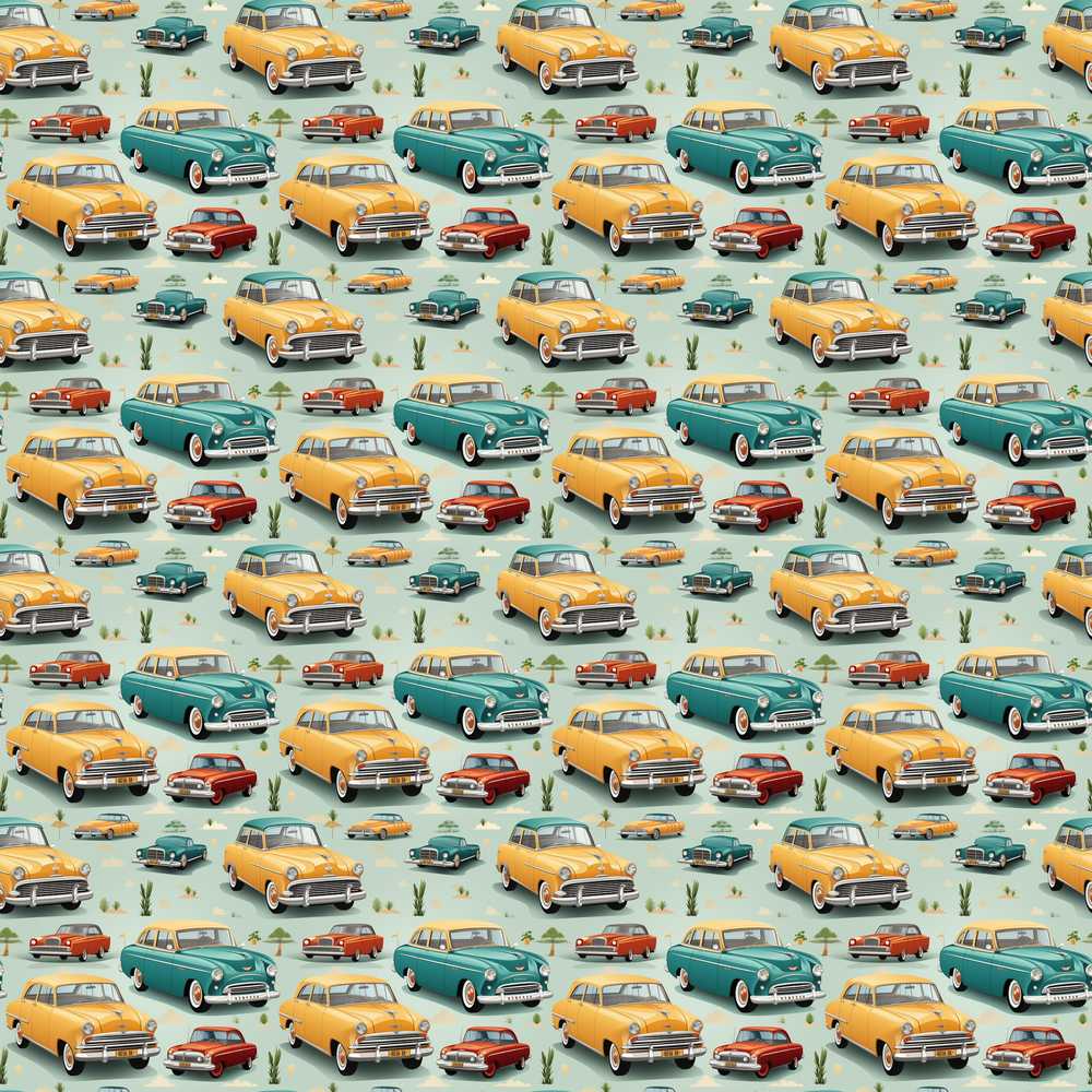 Mid Century Classic Cars Scenic Pattern Decorative Repeat