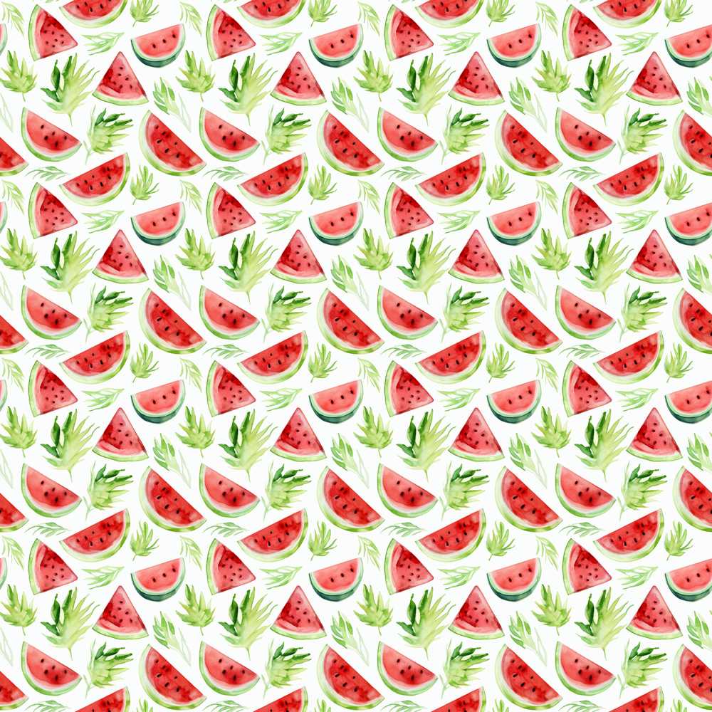 Watercolor Watermelon Slices with Green Leaves Wildflower Pattern Botanical